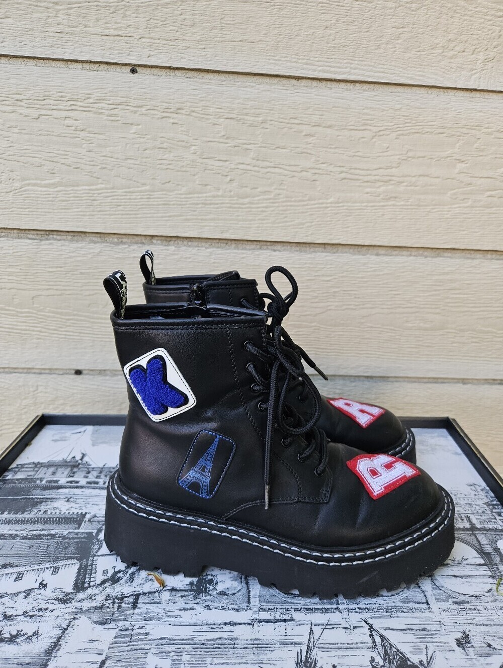 Karl Lagerfeld Dixie black applique combat boots size 8